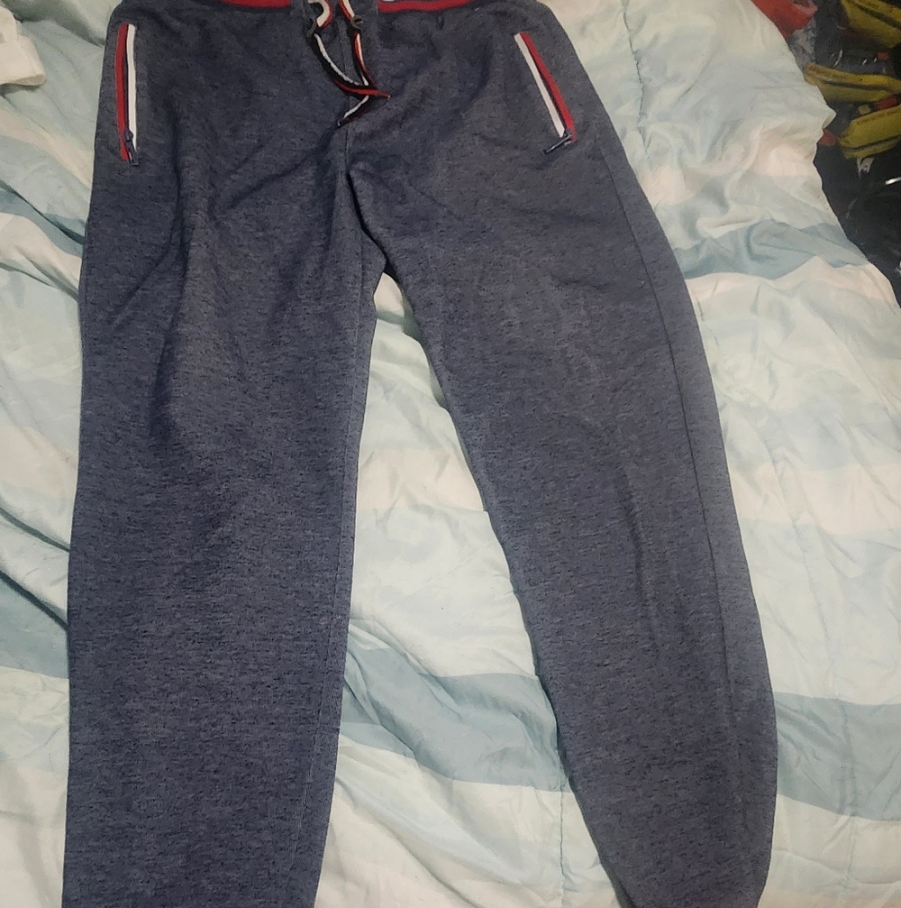 Blue Jogger Pants with Red and White Accents